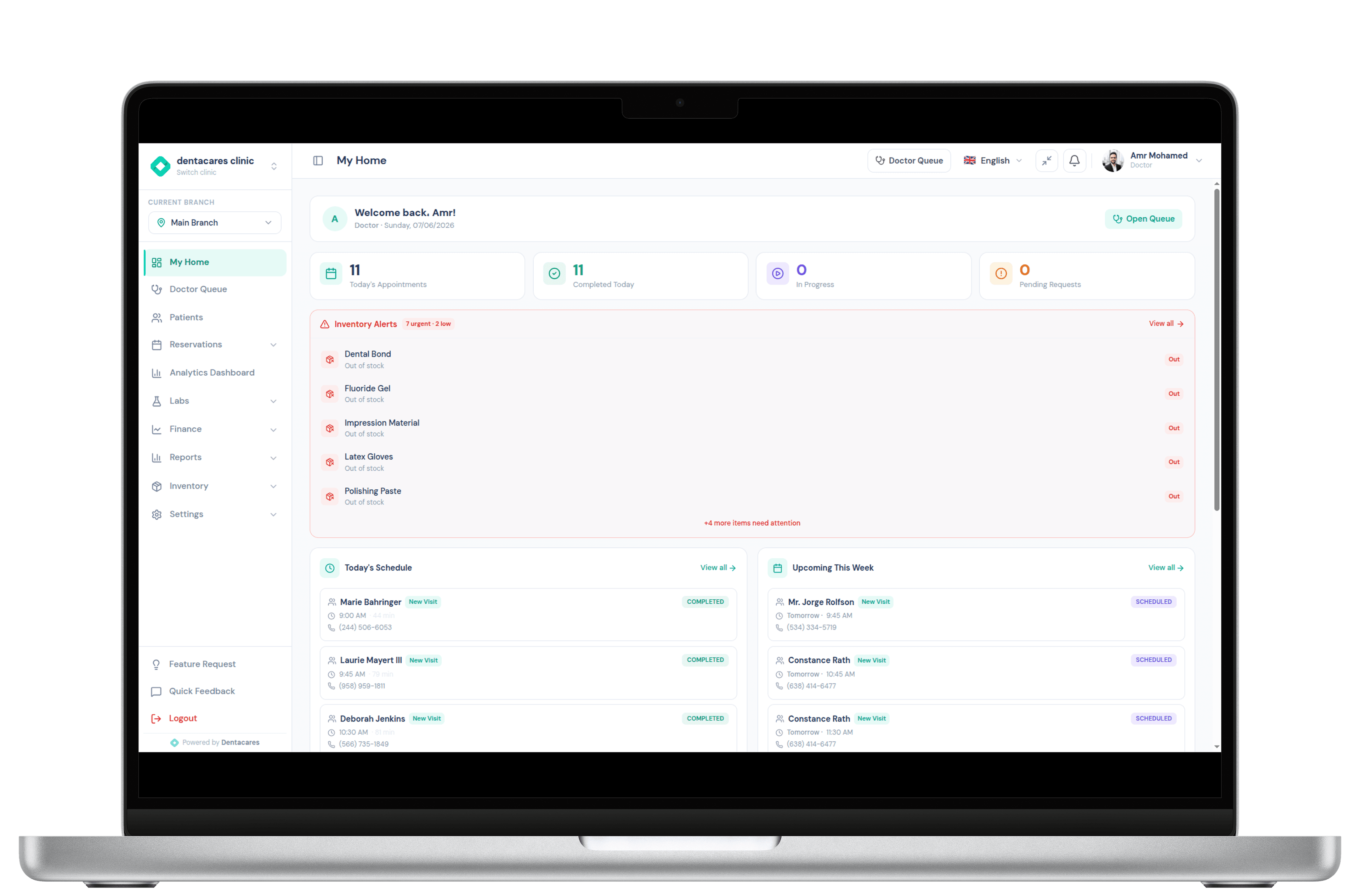 Dentacares clinic dashboard showing today's appointments, doctor queue, inventory alerts, and the daily schedule